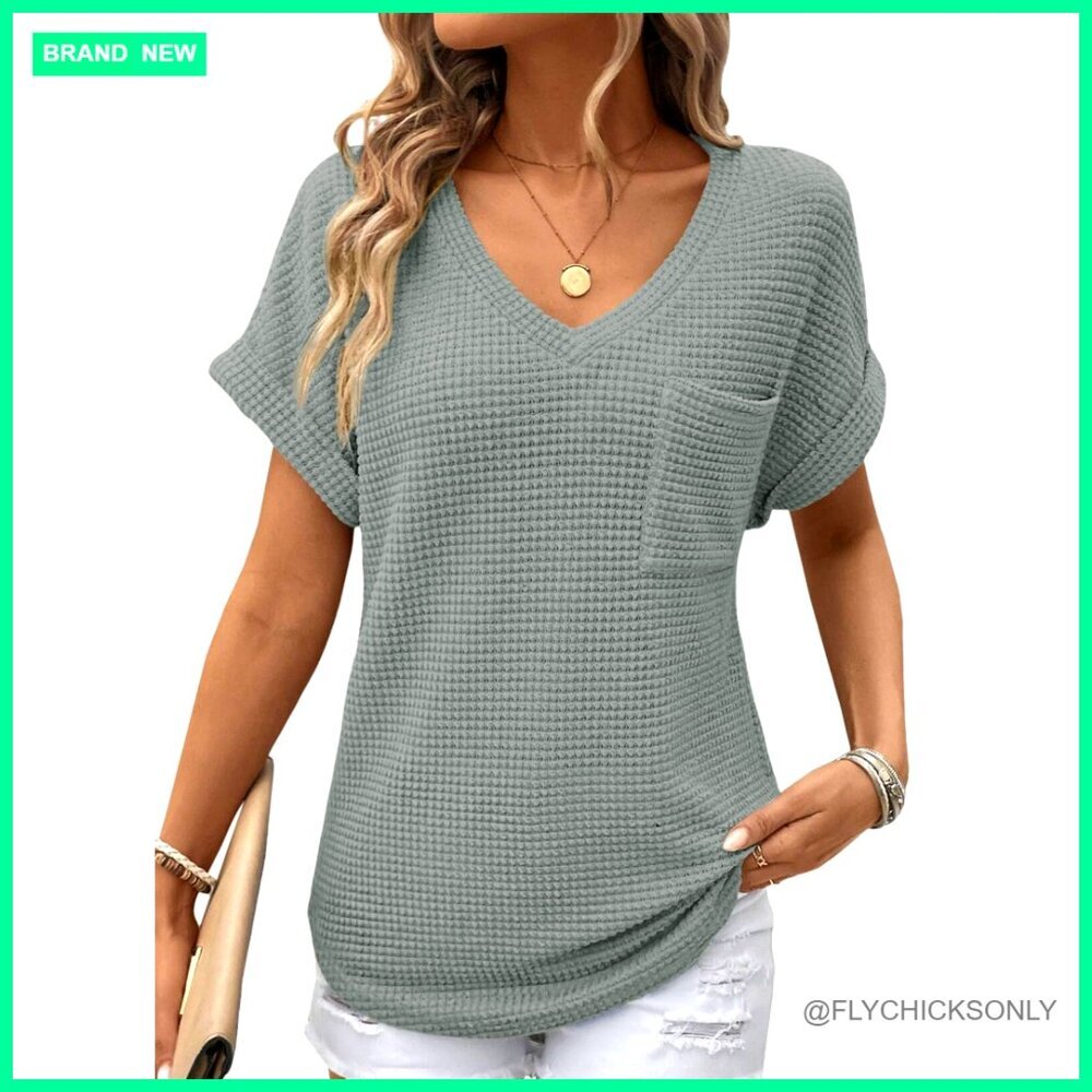 Waffle Knit V-Neck Short Sleeve Tee Women's Casual Top Regular Fit